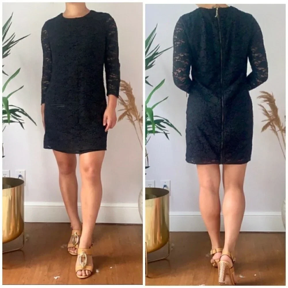 $298 Juicy Couture Sz XS Black Lace Mini Dress Faux Leather Trim Shift Sheath